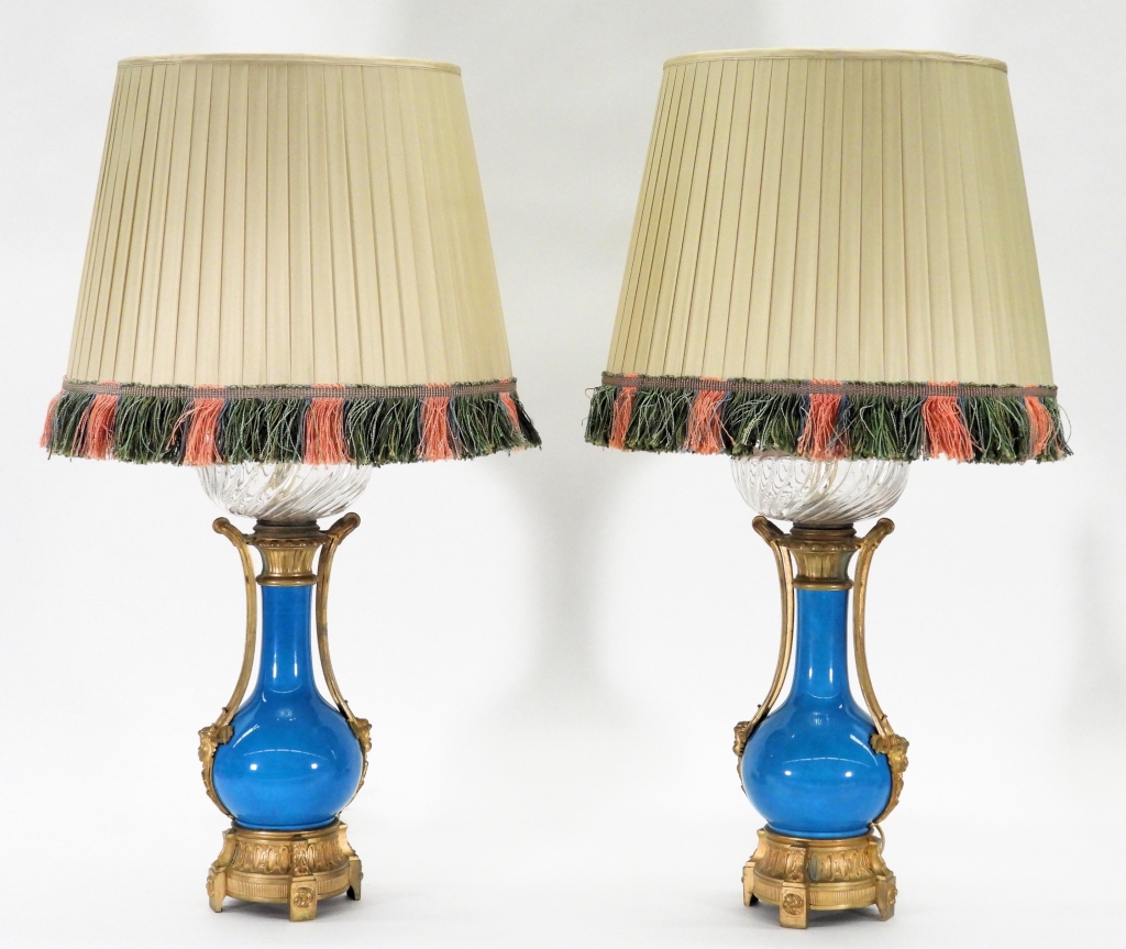 PR FRENCH BLUE GILT ORMOLU TABLE LAMPS