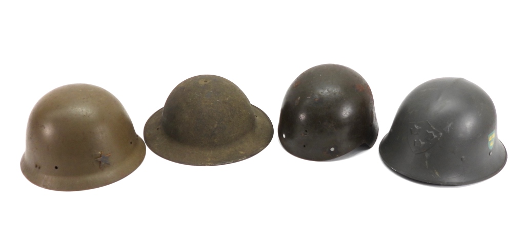 FOUR MILITARY HELMETS ,A Swedish M-21