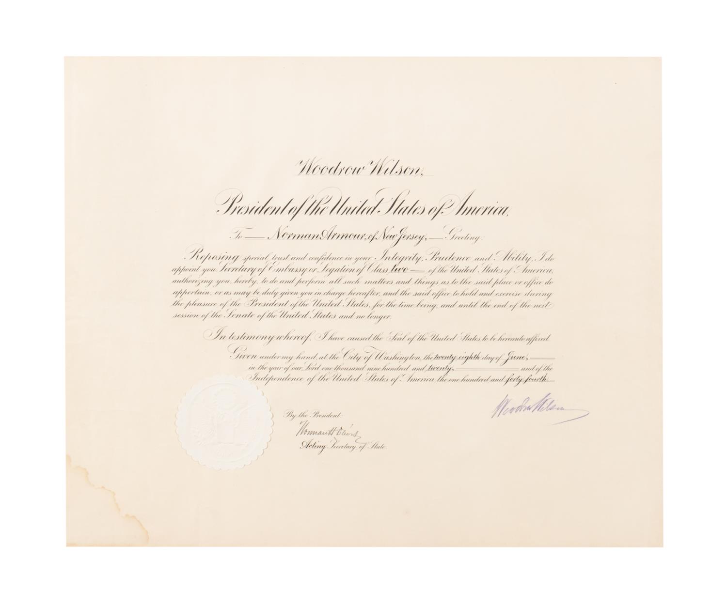 WOODROW WILSON SIGNED APPOINTMENT