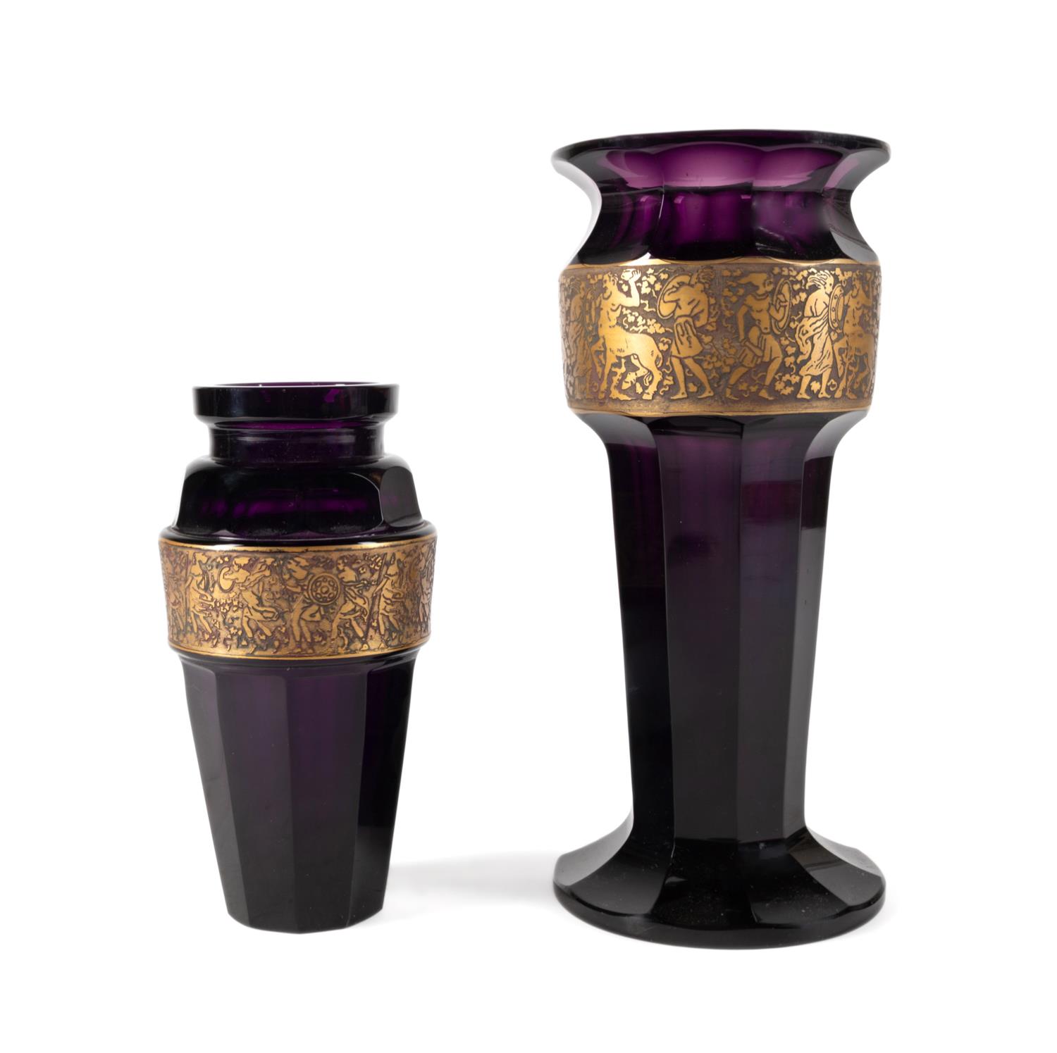 TWO MOSER PURPLE GLASS & GILT BANDED