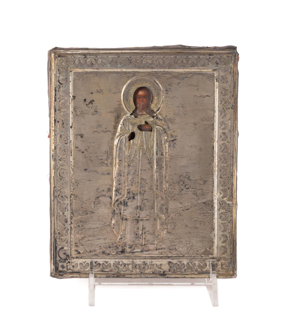 RUSSIAN ORTHODOX ICON WITH SILVER RIZA,19TH