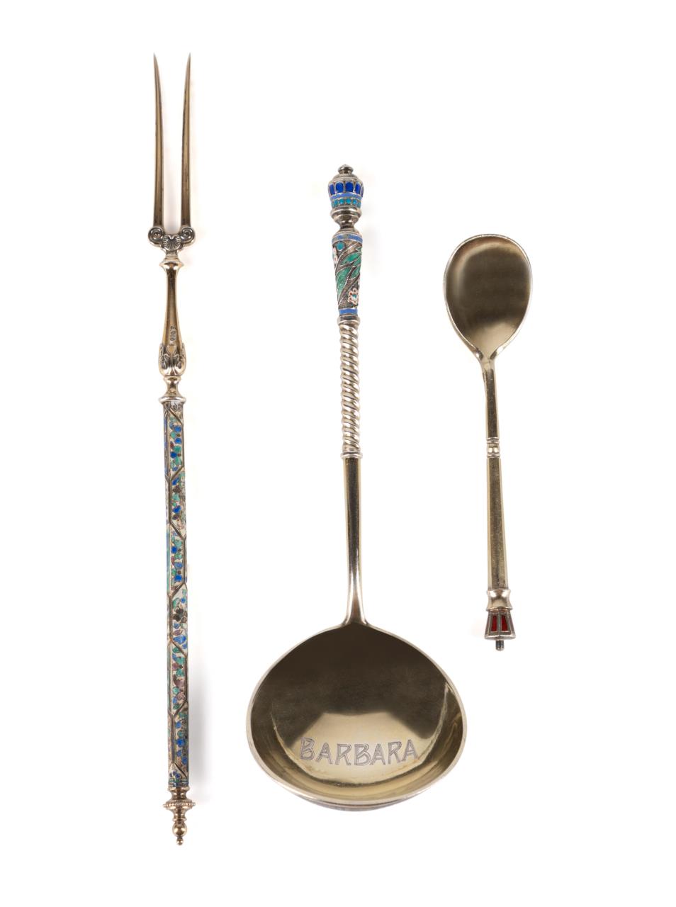 THREE CONTINENTAL ENAMELED SILVER SERVING