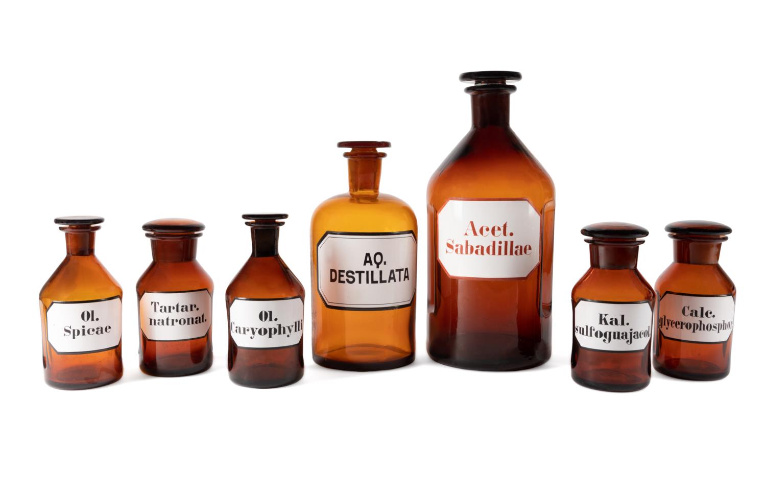 SEVEN AMBER GLASS APOTHECARY BOTTLES 3cd37e