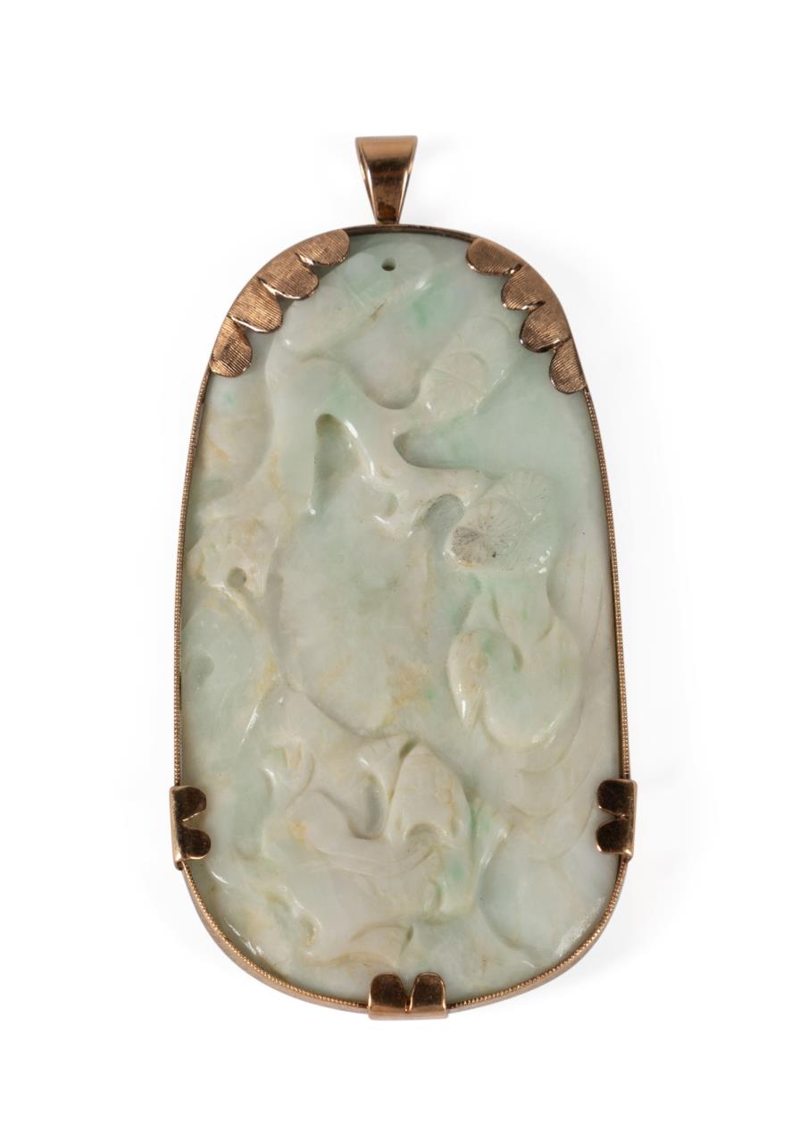 CHINESE CELADON JADE & 14K YELLOW