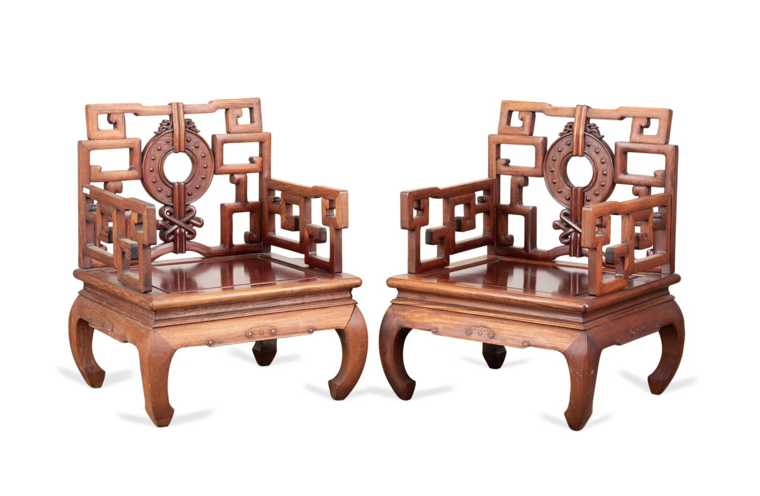 PAIR CHINESE CARVED HARDWOOD LOW