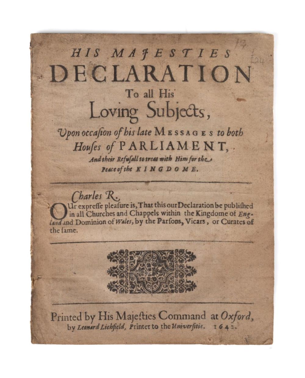 CHARLES I, HIS MAJESTIES DECLARATION,