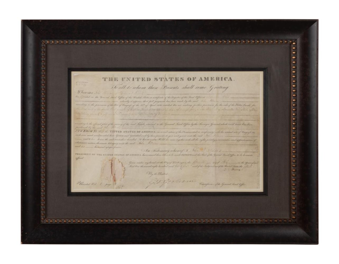 JOHN QUINCY ADAMS SIGNED LAND GRANT,