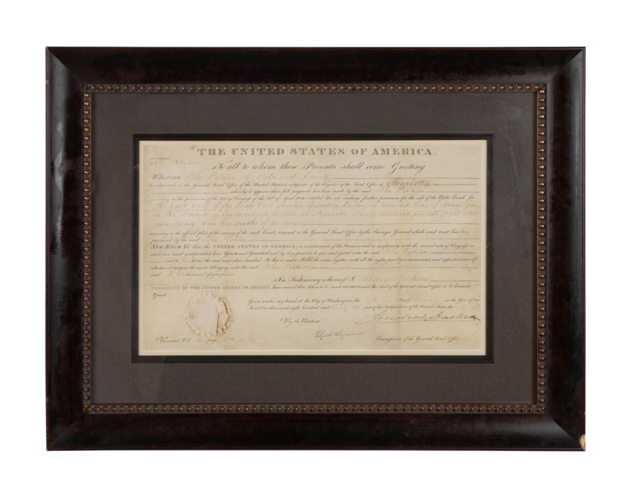 ANDREW JACKSON SIGNED LAND GRANT,