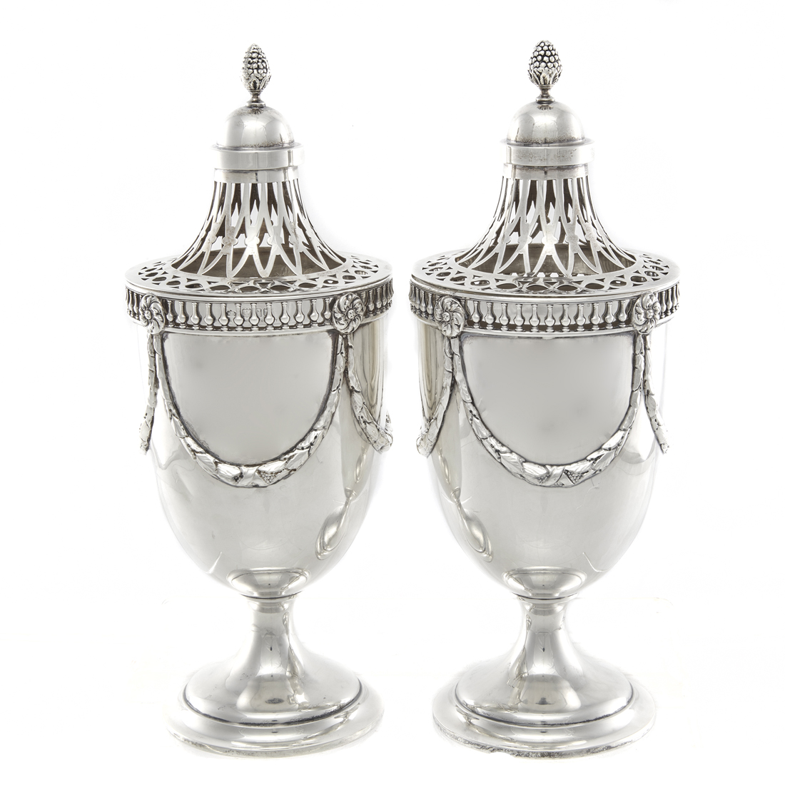 A GEORGIAN STYLE STERLING PAIR URNS,