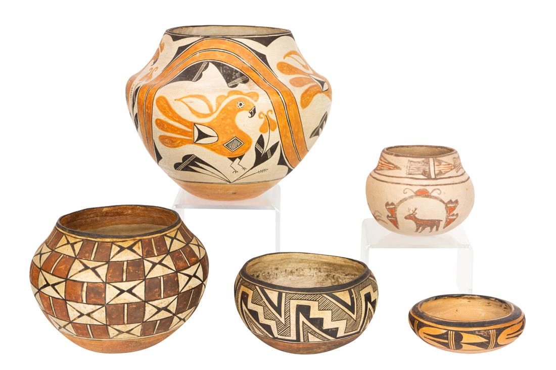 A GROUP OF FIVE ACOMA POTTERY BOWLS
