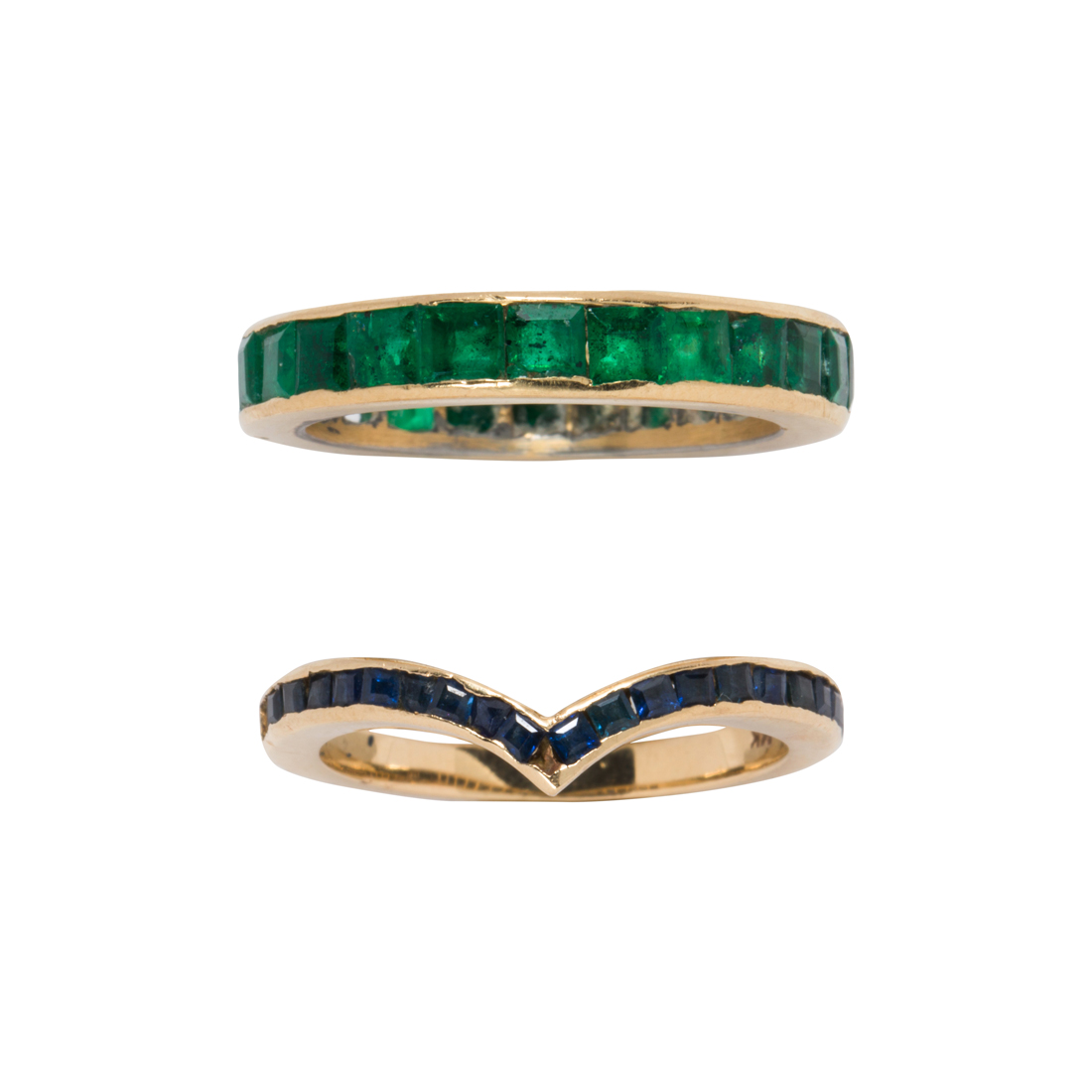 TWO GEM-SET AND 14K GOLD BANDS Two gem-set