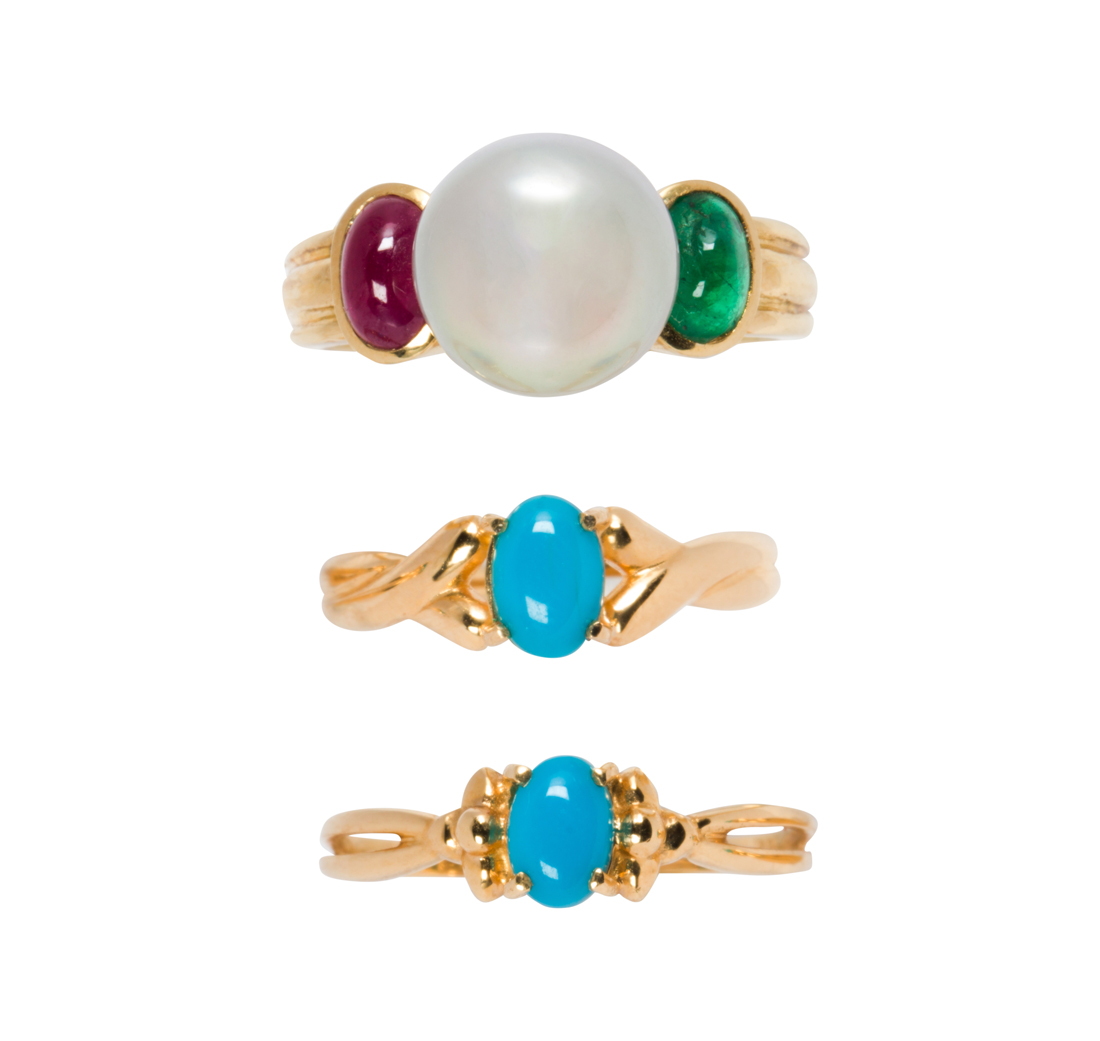 THREE GEM-SET AND 18K GOLD RINGS