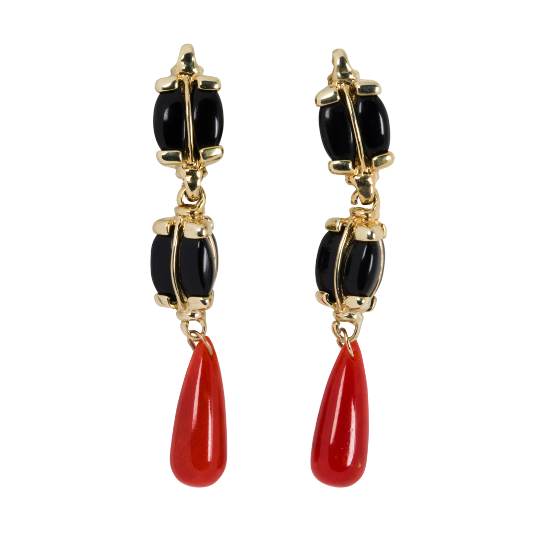 A PAIR OF CORAL, ONYX AND 14K GOLD