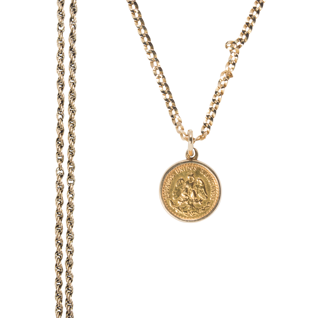 TWO 14K GOLD CHAINS WITH GOLD COIN 3cdbab