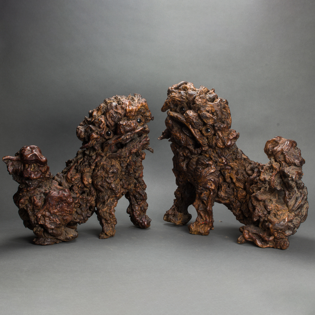 PAIR OF CHINESE ROOT WORK FOO DOGS