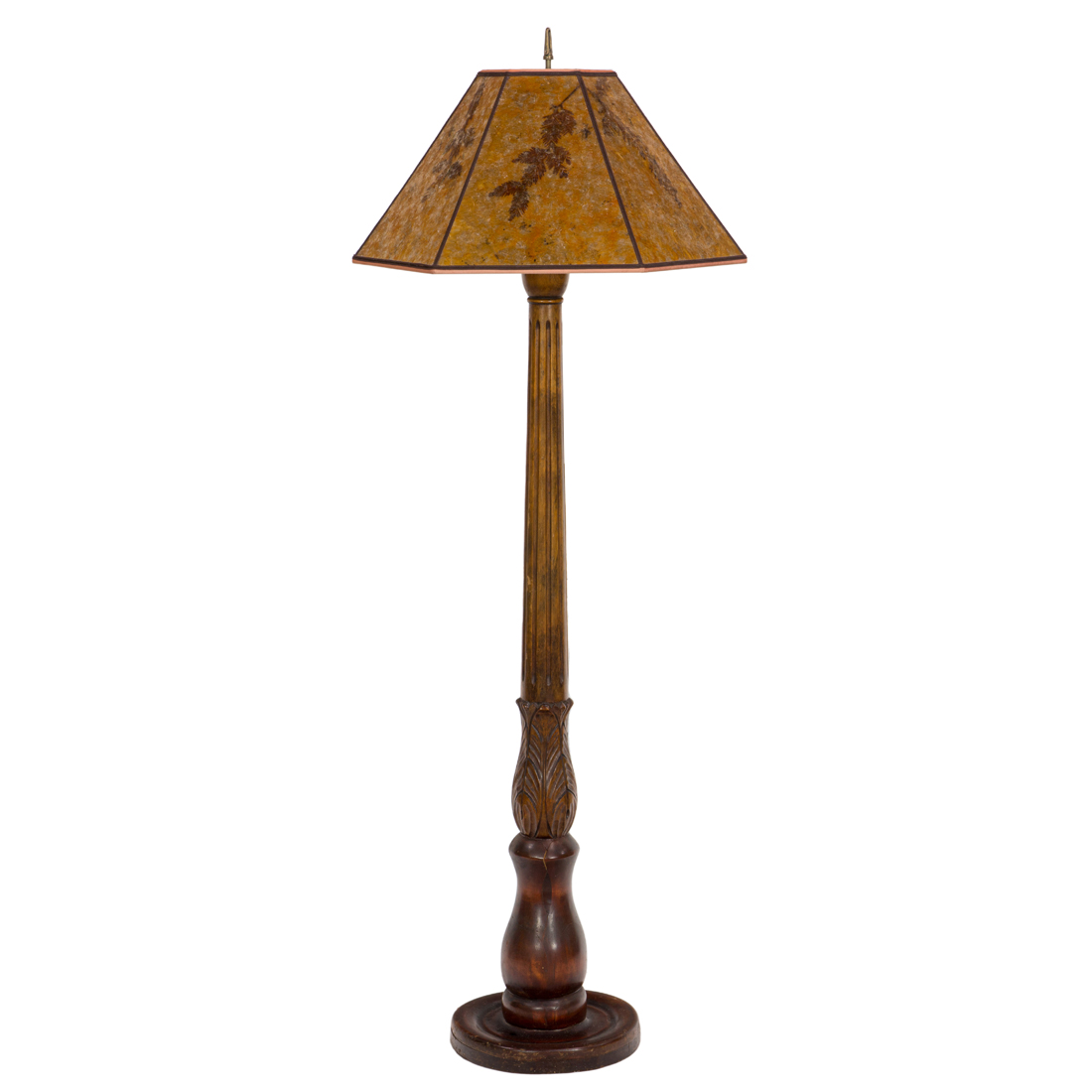 A CARVED WOOD COLUMNAR FLOOR LAMP