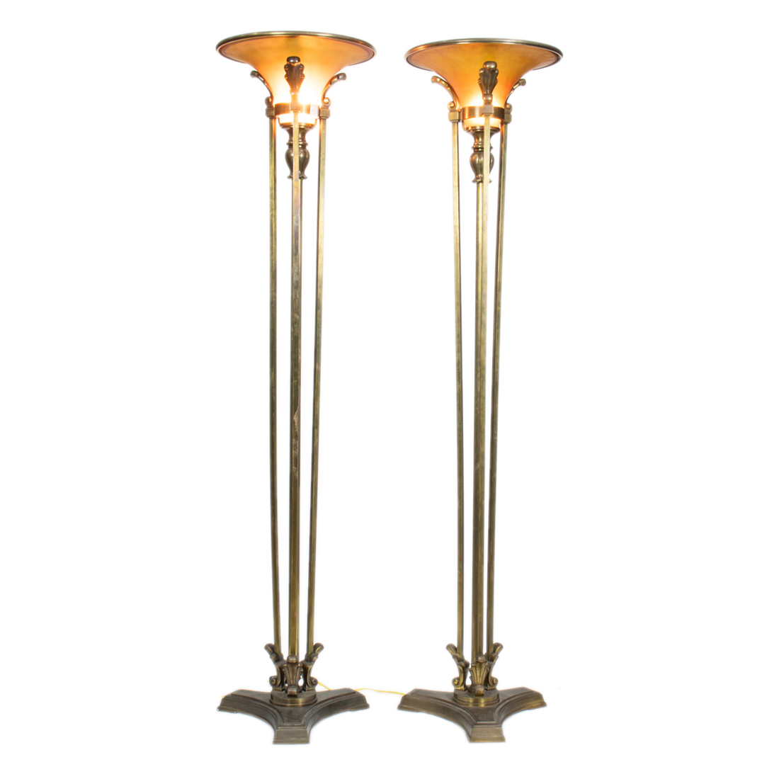 A PAIR OF ART DECO STYLE BRASS AND GLASS