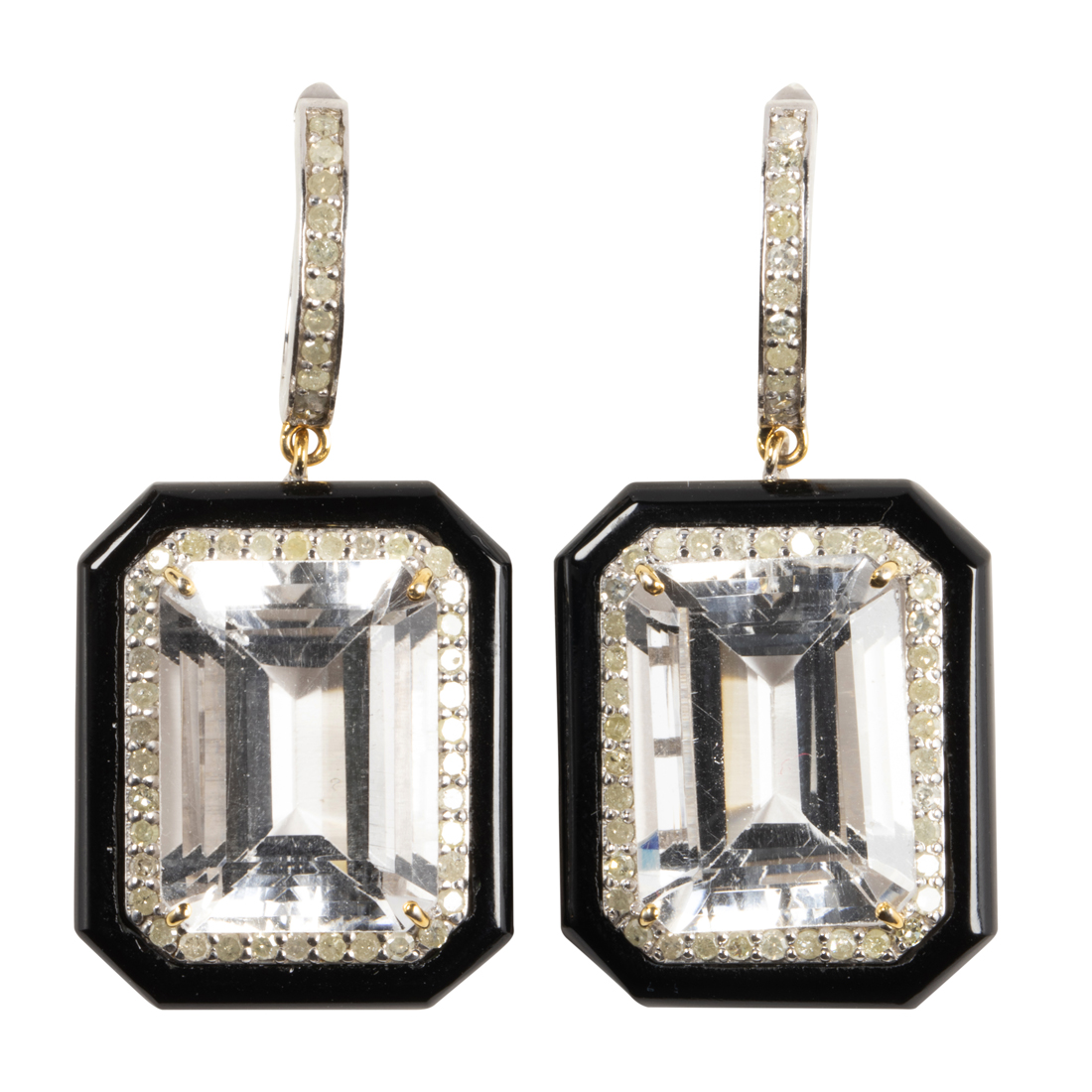 A PAIR OF ROCK CRYSTAL, ONYX, DIAMOND,