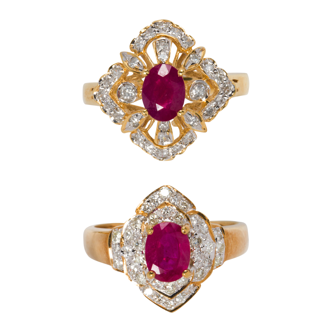 TWO DIAMOND, RUBY AND 18K GOLD