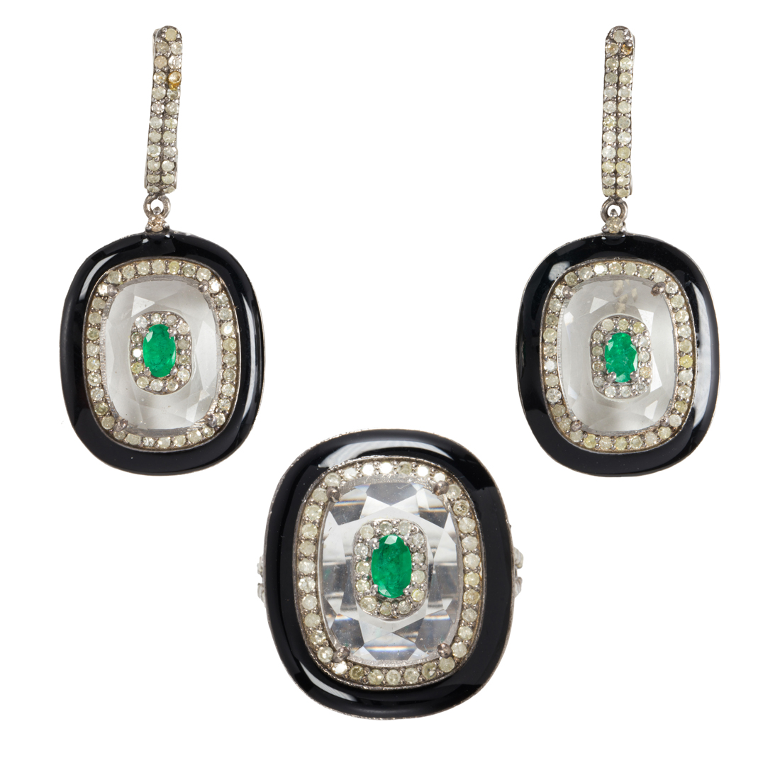 A GEM-SET, SILVER EARRING AND RING