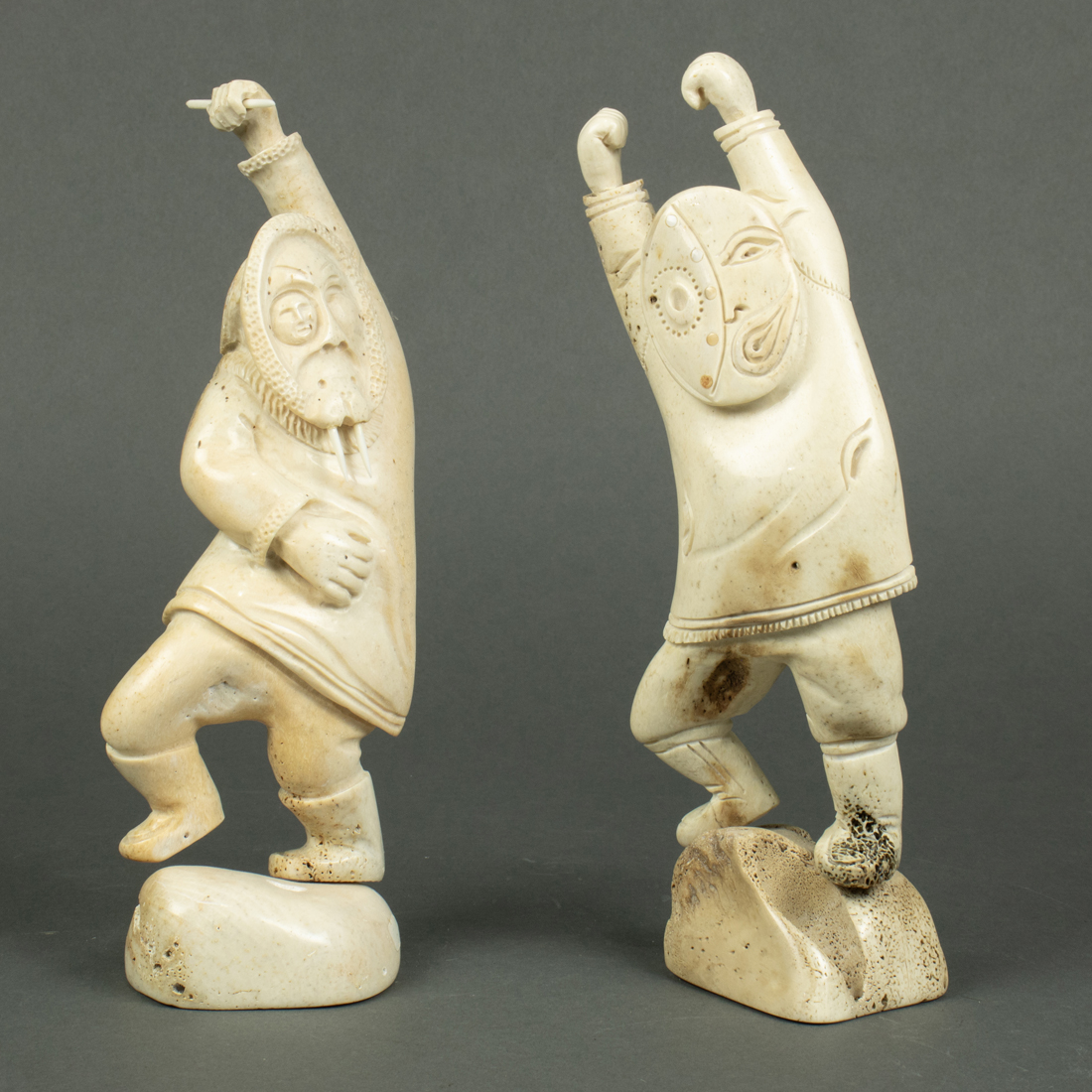 TWO INUIT CARVED BONE FIGURAL FIGURES,