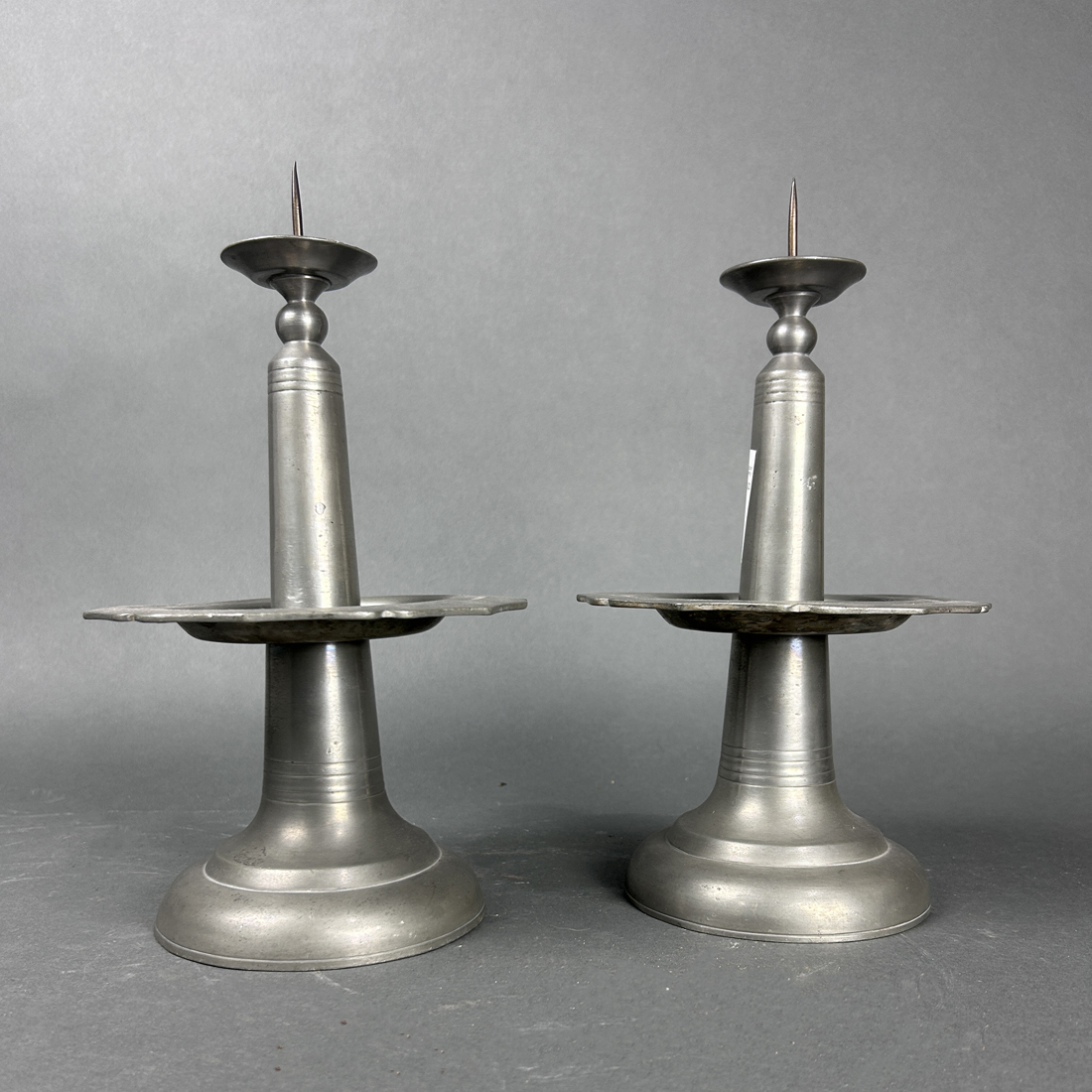 PAIR OF CHINESE PEWTER CANDLE PRICKETS
