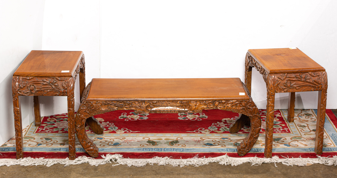 CHINESE LOW TABLE AND PAIR OF END