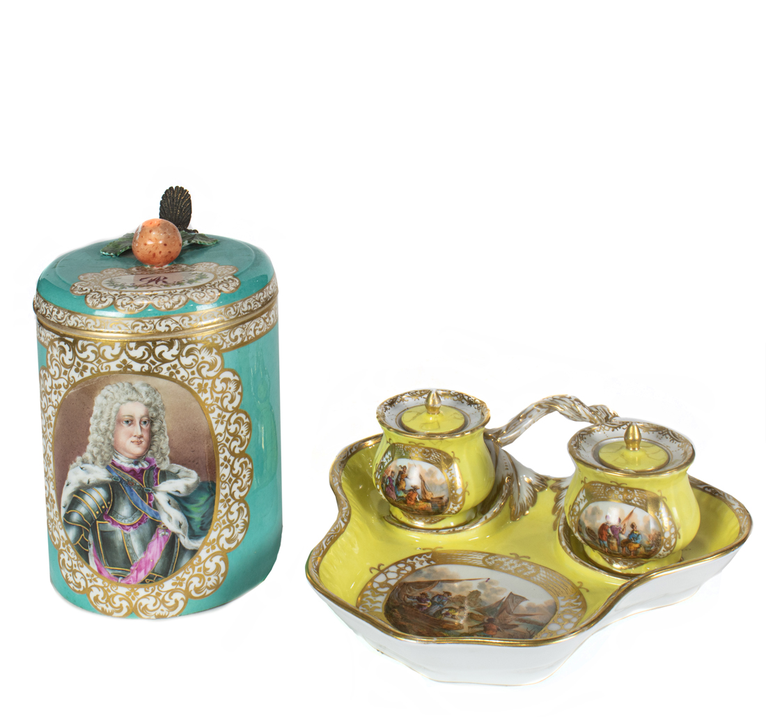 A DRESDEN PORCELAIN TANKARD AND INKSTAND