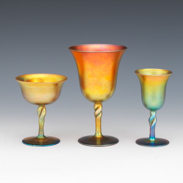 THREE STEUBEN AURENE GLASS IRIDESCENT