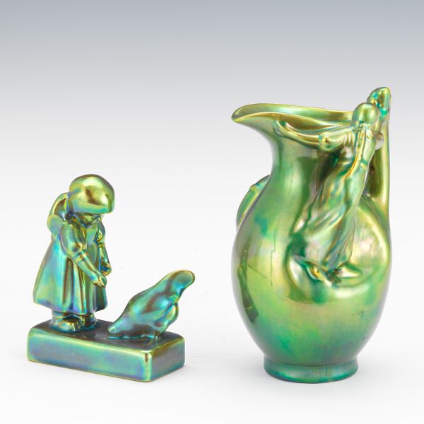 TWO ZSOLNAY EOSIN GLAZE FIGURAL 3cbbe0