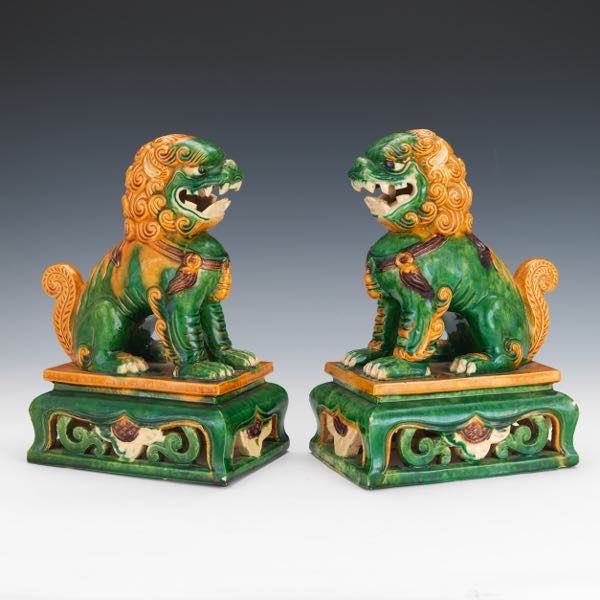 PAIR OF SANCAI GLAZED FOO DOGS 12H