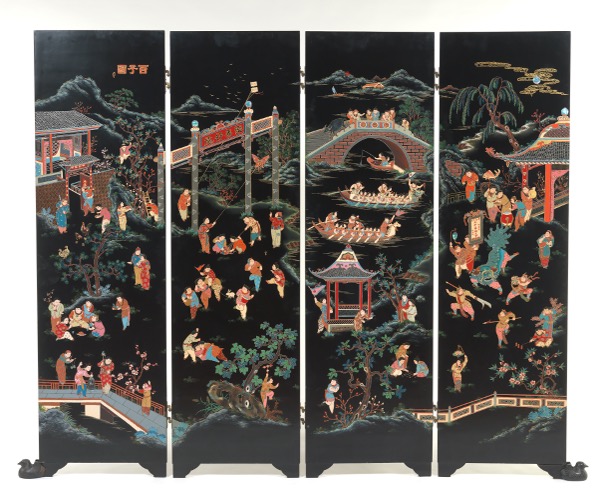 CHINESE 4 PANEL BLACK LACQUER FLOOR 3cbefd