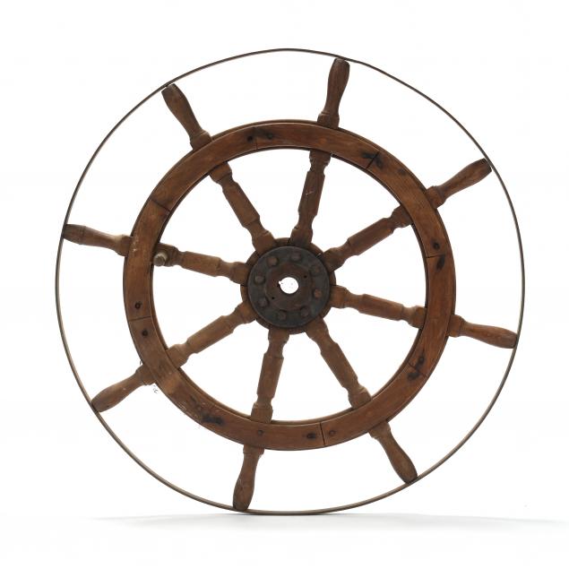 VINTAGE WOOD AND BRASS SHIP'S WHEEL