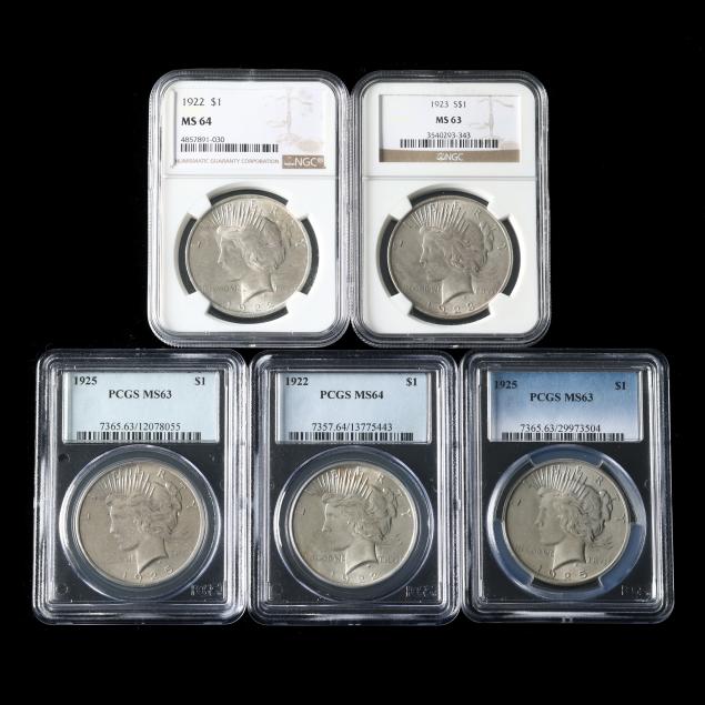 THREE PCGS PEACE DOLLARS AND TWO 3cc14a