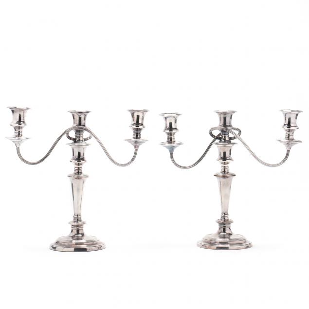 PAIR OF ENGLISH SILVER-PLATED CANDELABRA,