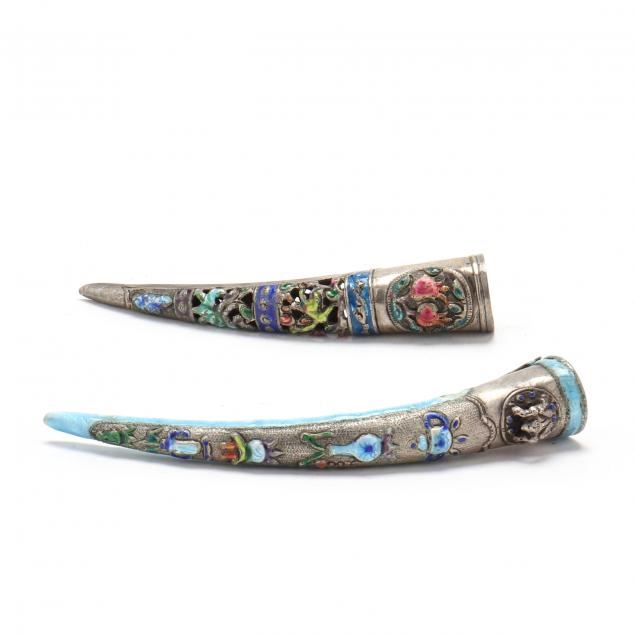 PAIR OF ENAMELED CHINESE SILVER