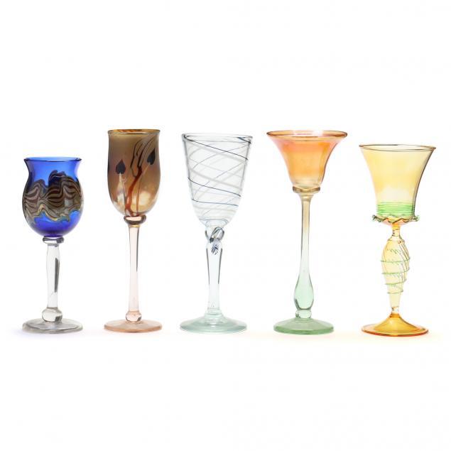 FIVE ASSORTED ART GLASS GOBLETS