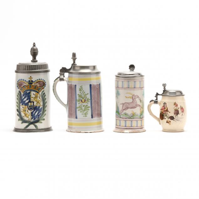 FOUR ANTIQUE GERMAN FAIENCE STEINS 3cc34a