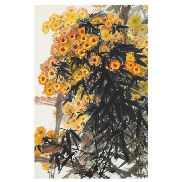 A CHINESE PAINTING OF YELLOW CHRYSANTHEMUMS