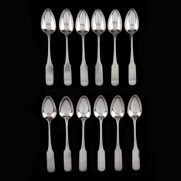 SET OF TWELVE AMERICAN COIN SILVER TEASPOONS,