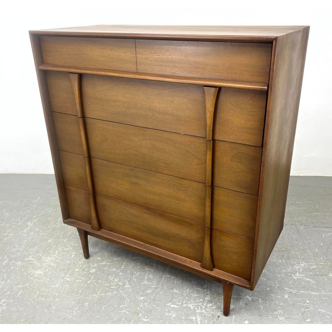 American Modern Walnut Tall Chest Dresser.