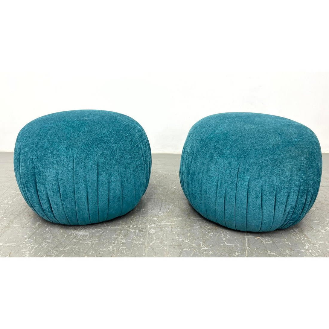 Pr Turquoise Fabric Pouf Stools