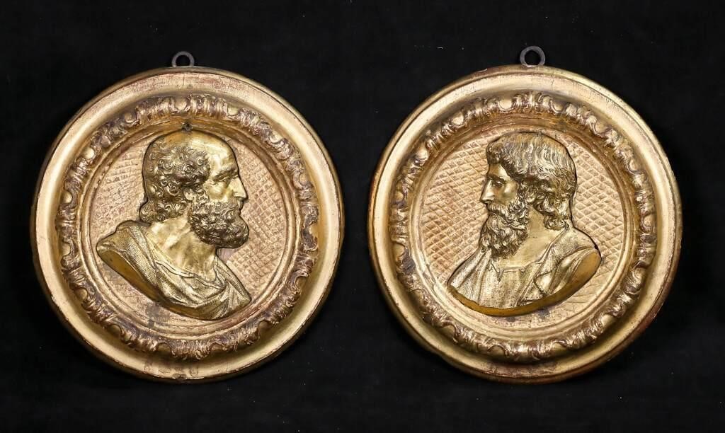 PAIR OF GILT METAL PLAQUES ST.