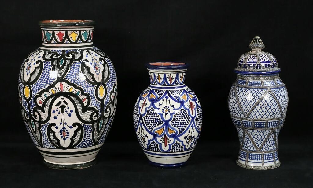 3 PIECES MOROCCAN POTTERY JAR & 2 VASES3