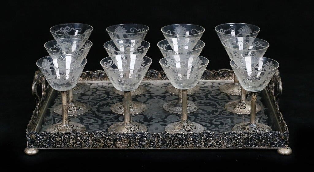 13 PIECE 800 SILVER & ETCHED GLASS CORDIAL