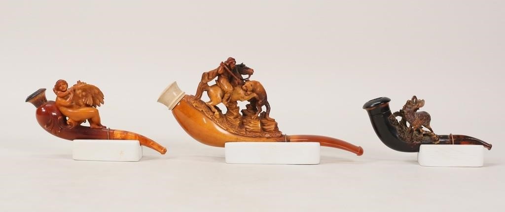 3 CARVED PIPES MEERSCHAUM & WOOD3 heavily