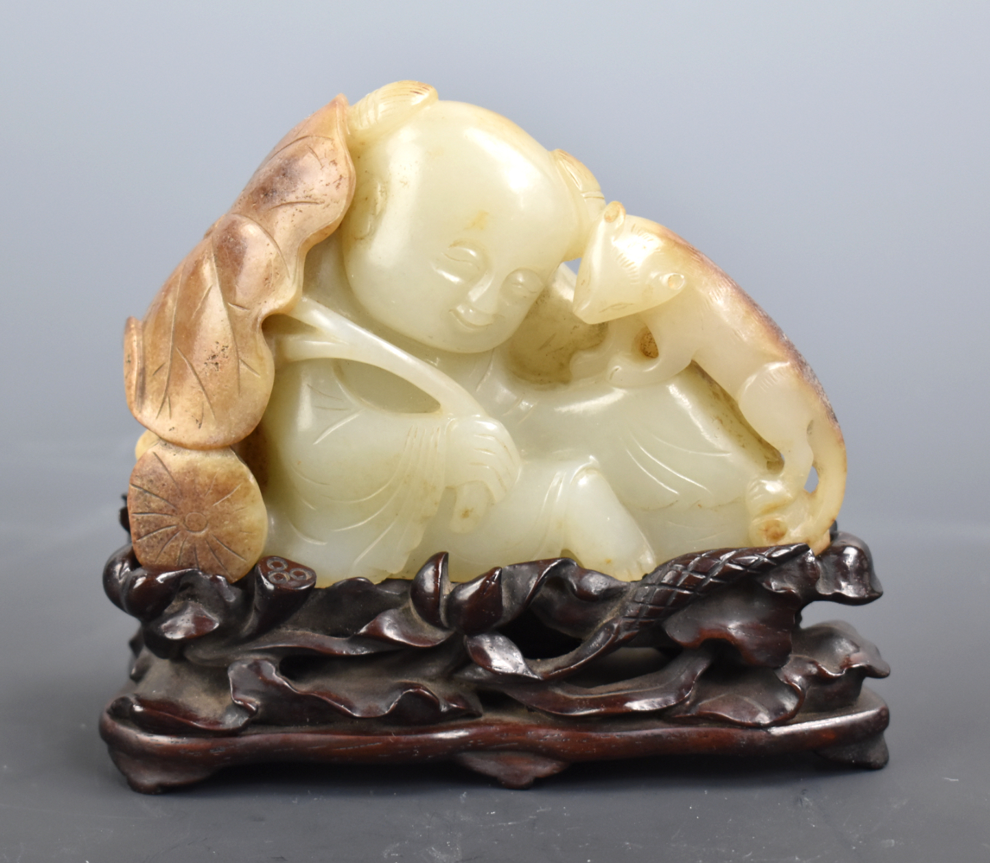 CHINESE JADE CARVED BOY HOLDING 3cf872