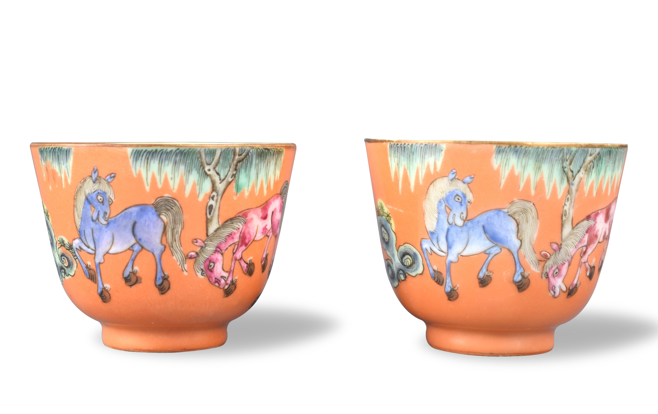 2 CHINESE CORAL RED FAMILLE ROSE HORSES CUP 19TH 3cf8e4