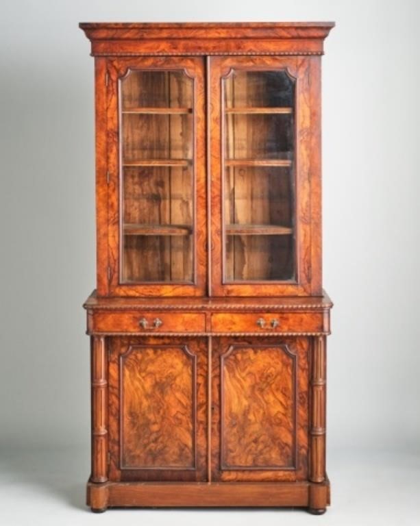 TWO-PART BURL WALNUT BOOKCASE CABINETEngland