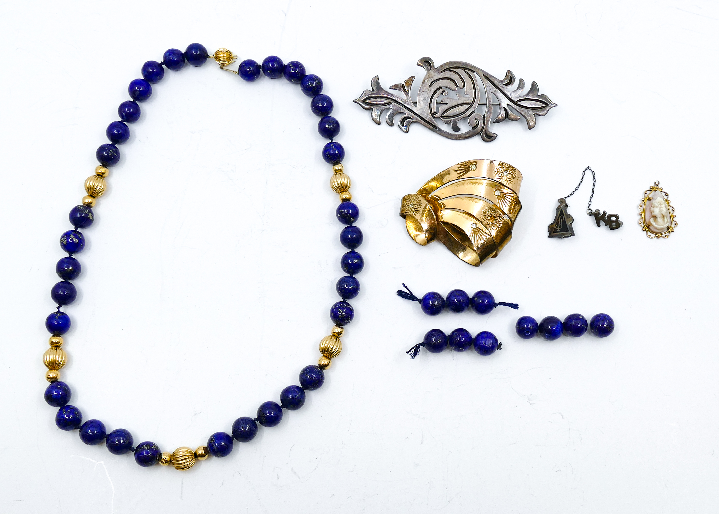 Box 14k Lapis Necklace & Sterling Brooches